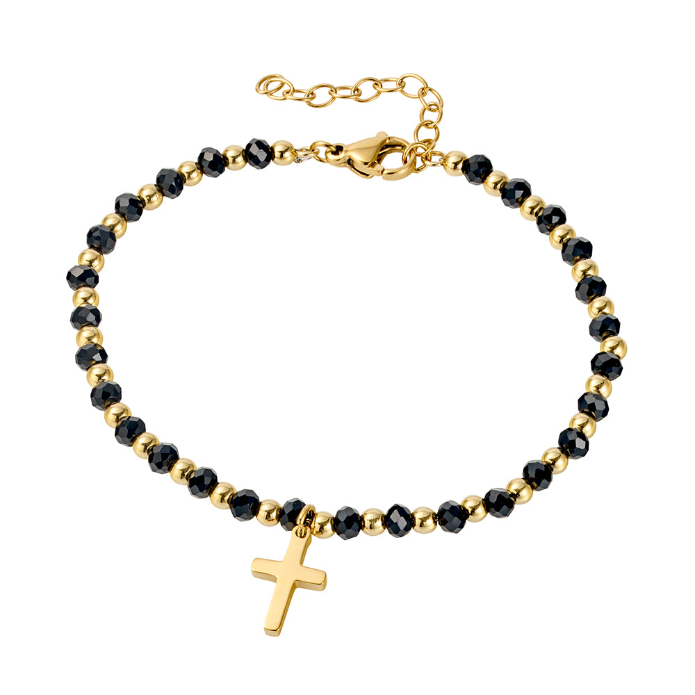 Black Bead Rosary Bracelet with Gold Cross