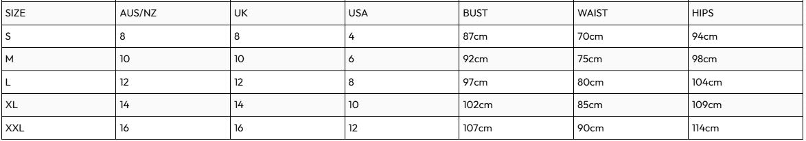 Size chart with measurements for clothing in various sizes.