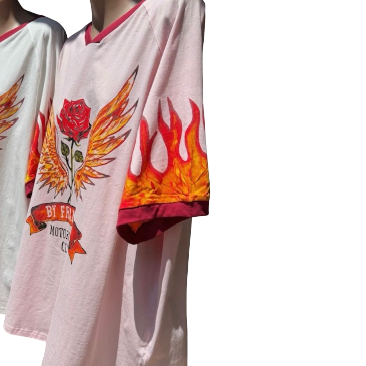 White t-shirt with red rose and flames design on a white background