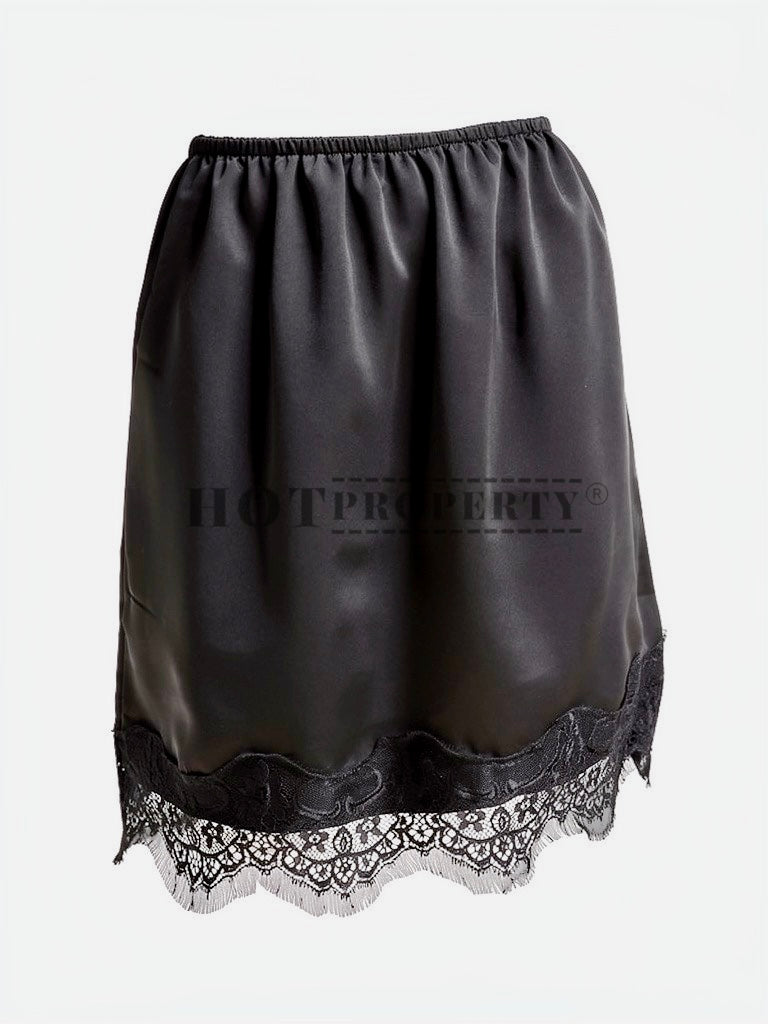 Black satin petticoat with lace trim on a white background