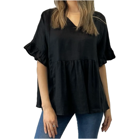 Black Linen Top Loose Fit with frill